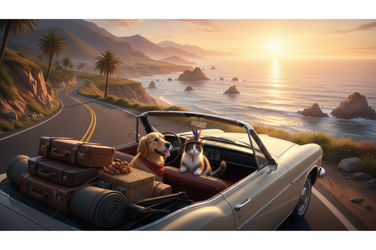 Dog and cat road tripping in a convertible along the coast